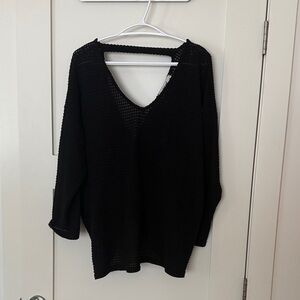 Black V-Neck Knit Women's Sweater three birds nest open back long sleeve waffle